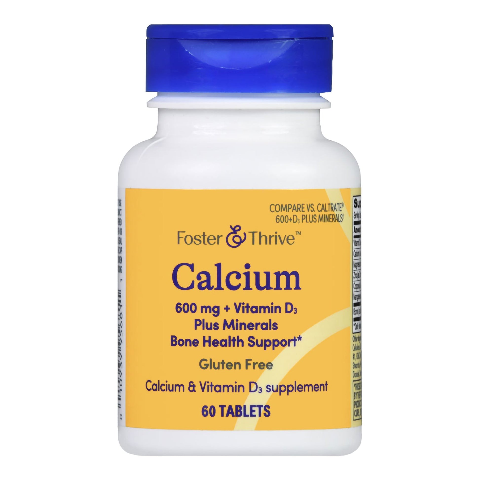 Foster & Thrive Calcium supplement bottle with blue cap on a white background