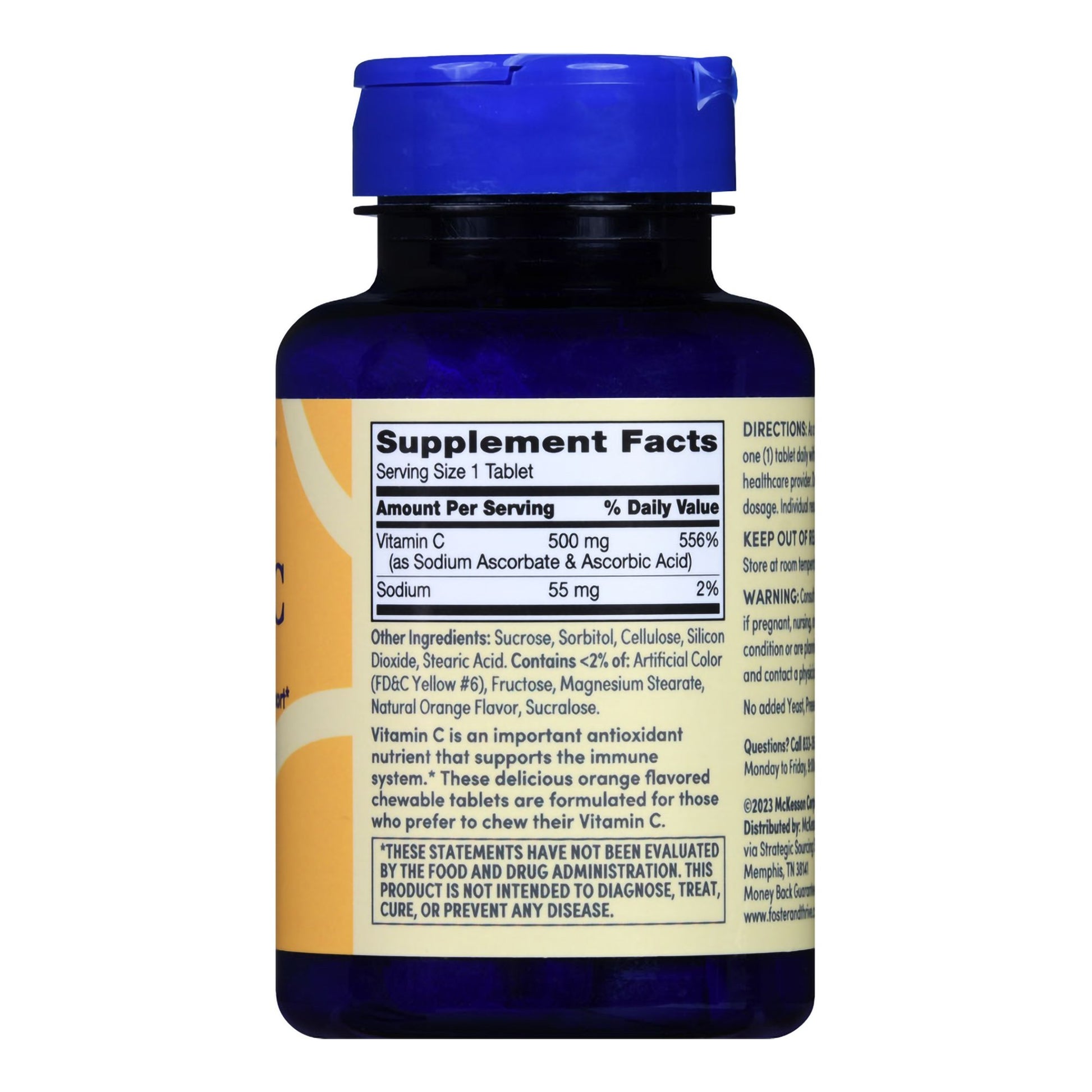 Supplement bottle with blue cap and yellow label on a white background