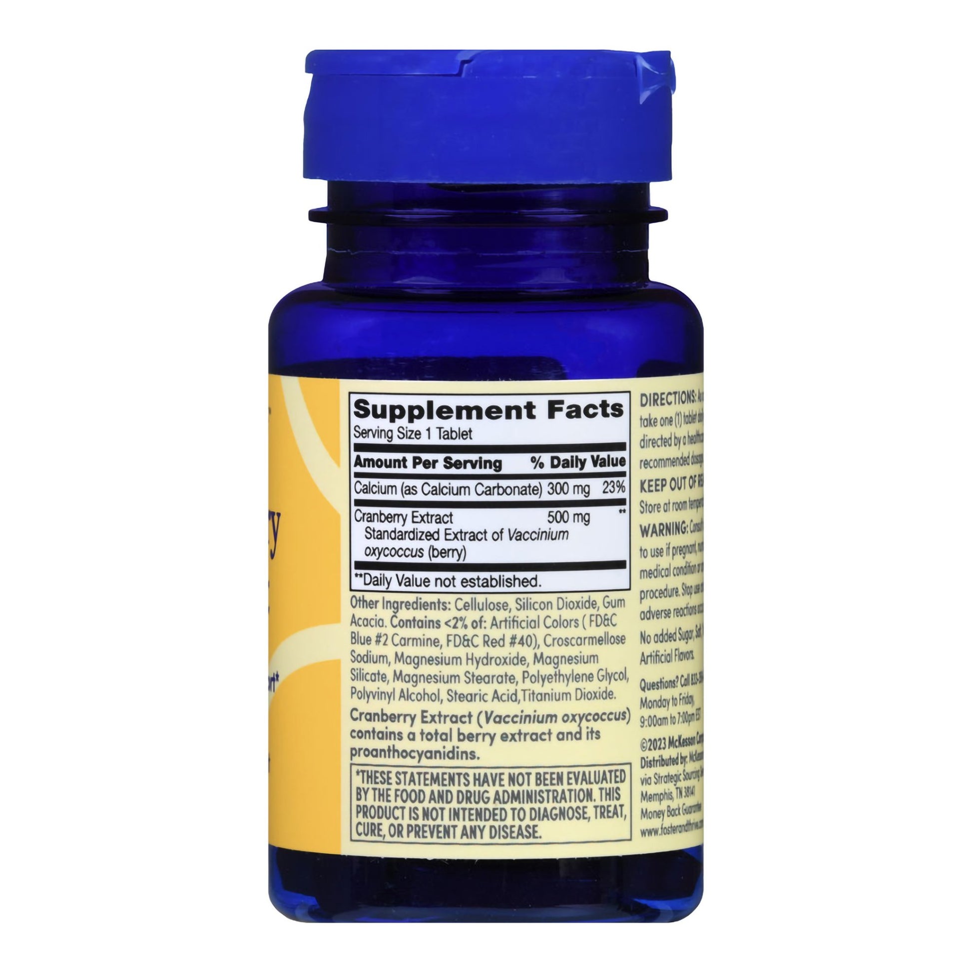Supplement bottle with blue cap and yellow label on a white background