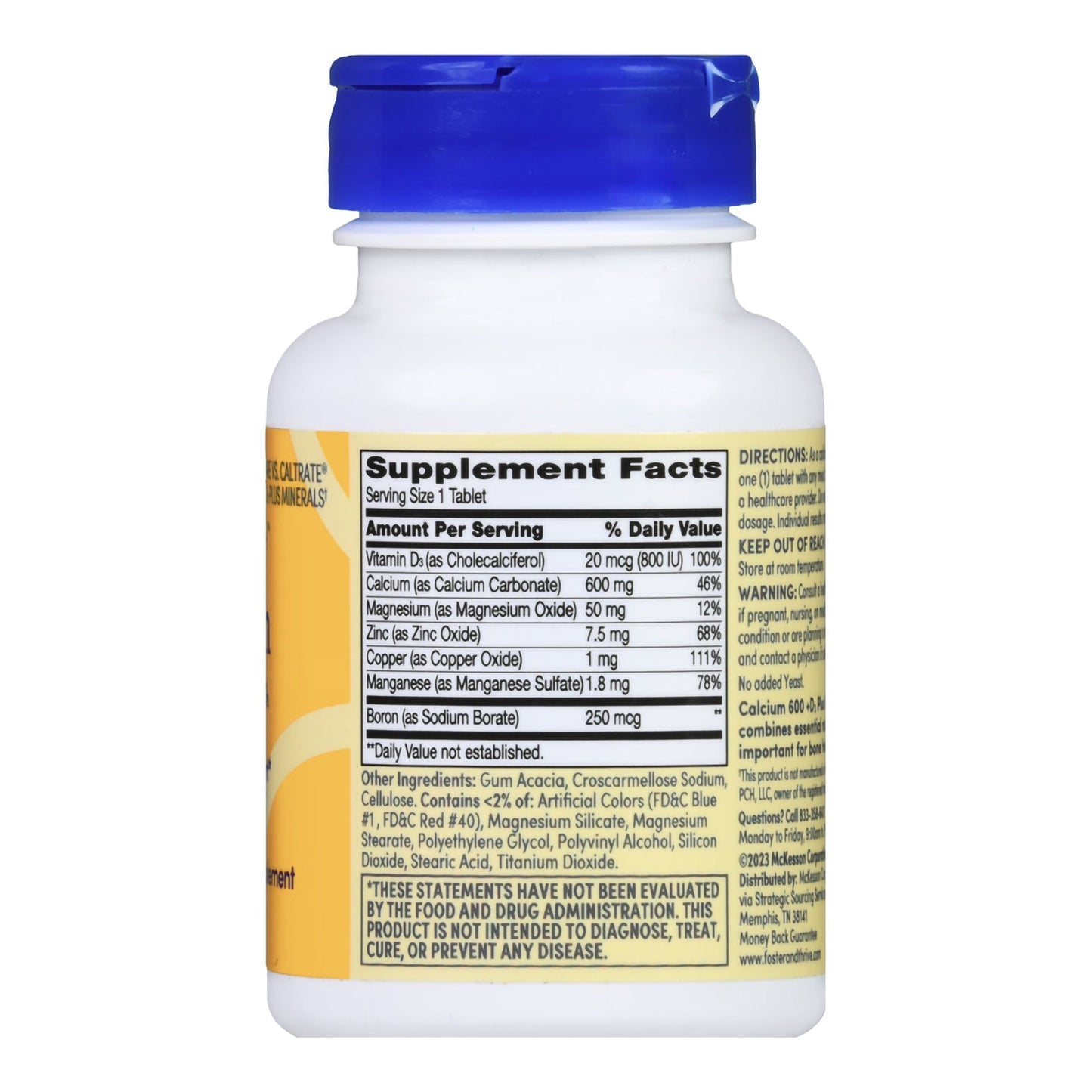Supplement bottle with blue cap and detailed label on a white background