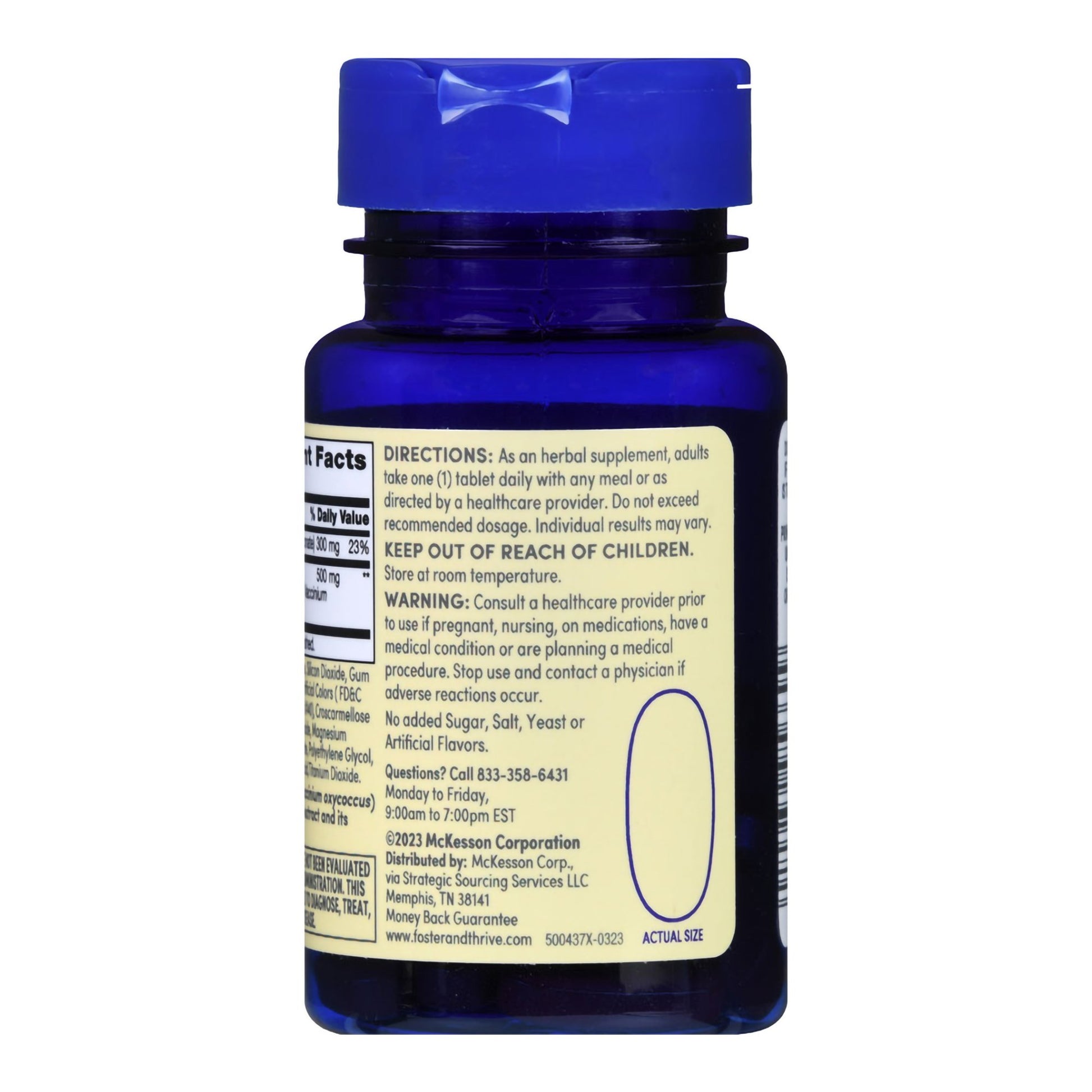 Blue supplement bottle with label on a white background