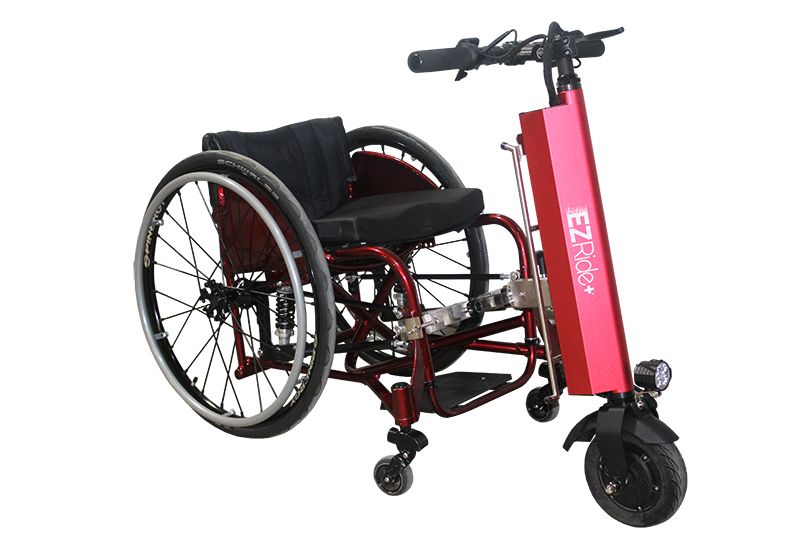Electric wheelchair with pink EZRide frame on a white background