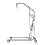 A silver electric hospital bed lift with a wheeled base and curved lifting arm, shown from a side profile on a white background.
