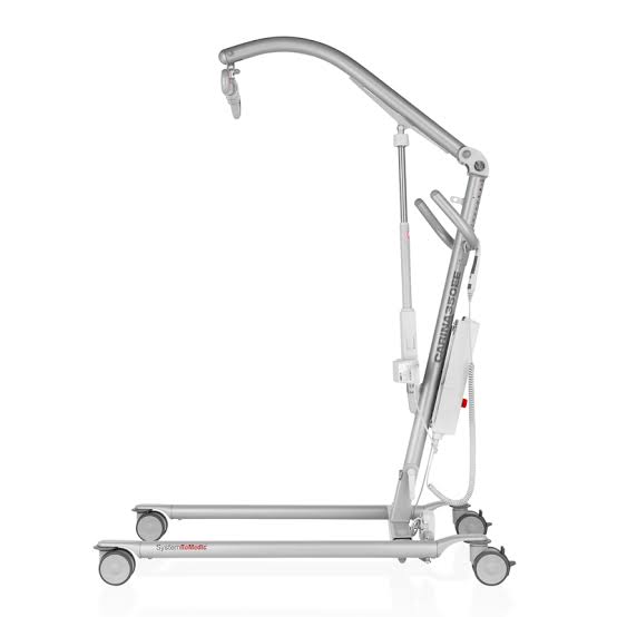 A silver electric hospital bed lift with a wheeled base and curved lifting arm, shown from a side profile on a white background.