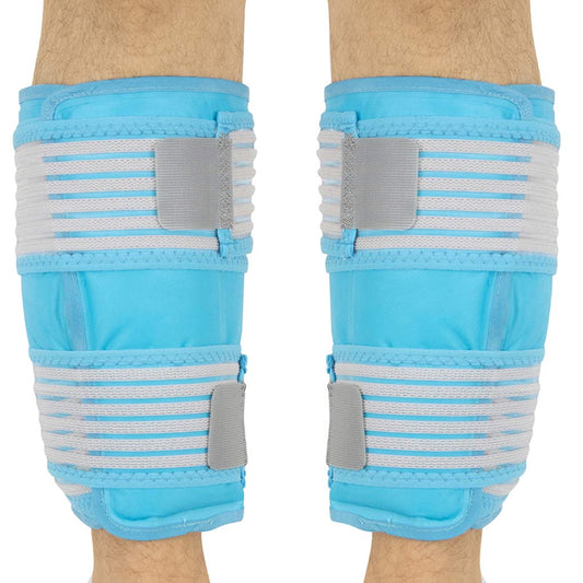 Pair of blue knee pads with gray straps on a white background