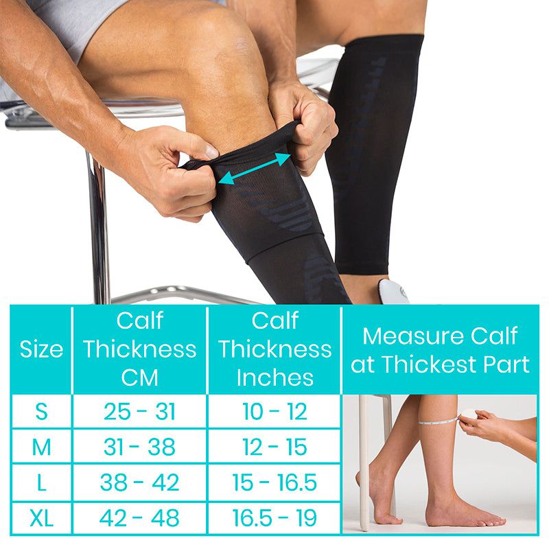 Person measuring calf size with a compression sleeve and size chart below.