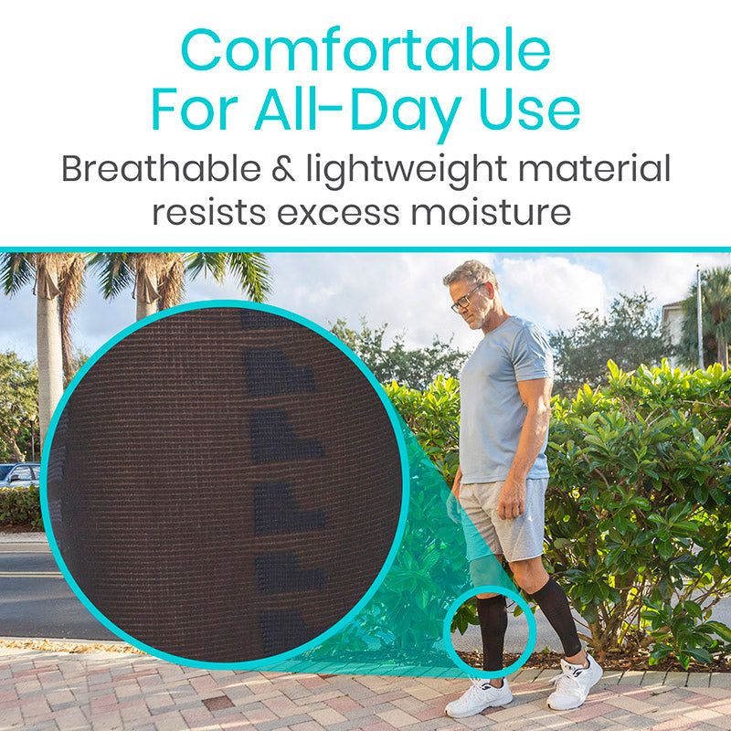 Person wearing a product with text about comfort and material properties, set against a natural background.