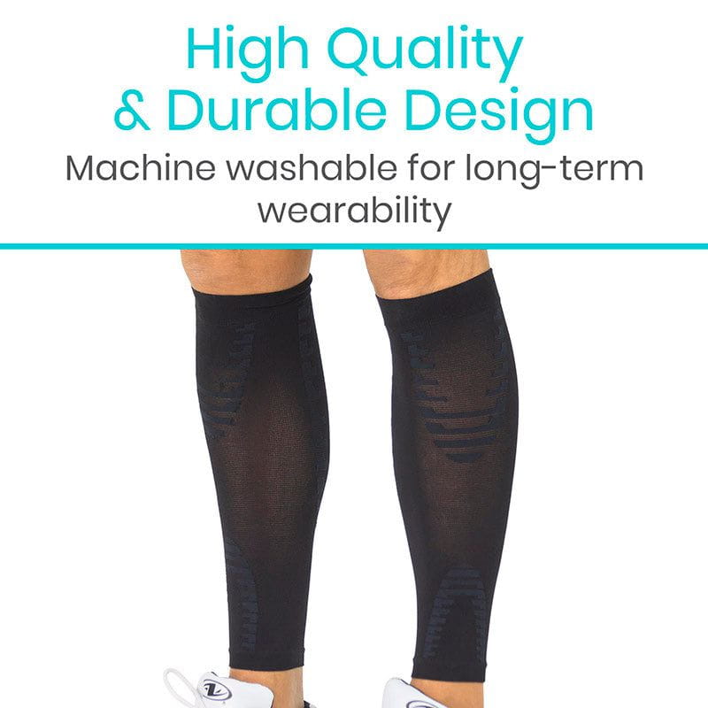 Black compression leg sleeves on a person with text about high quality, durability, and machine washability.