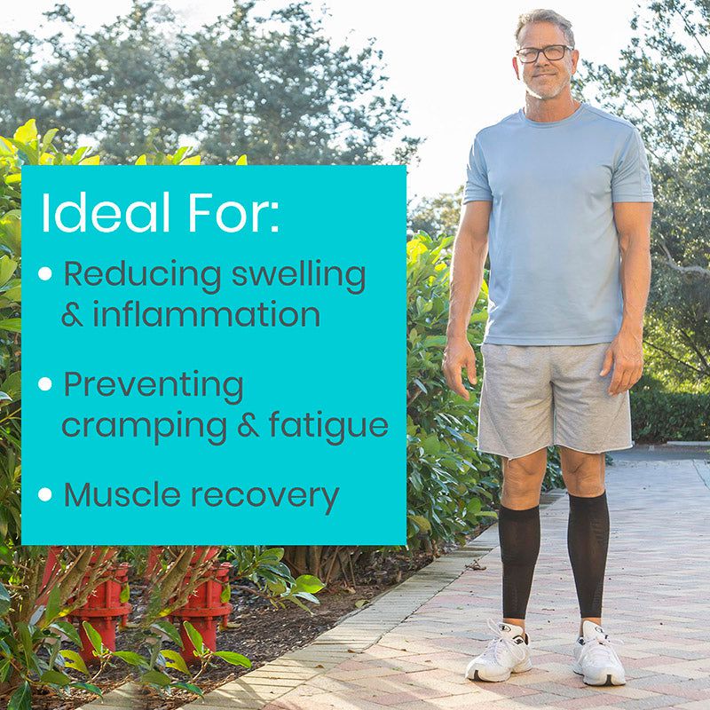 Man wearing compression socks with text about their benefits on a natural background