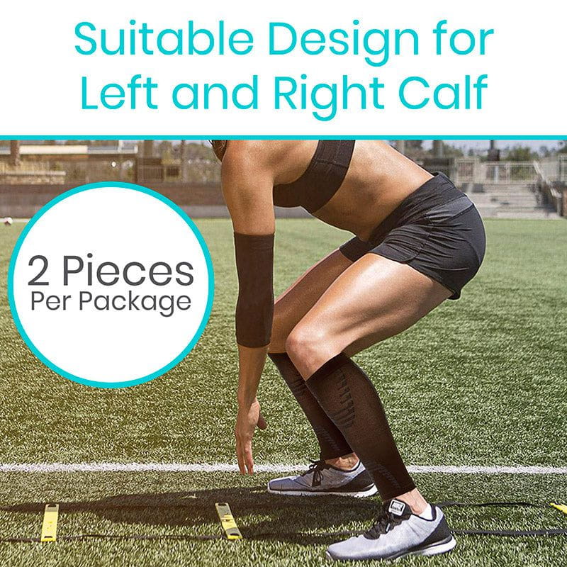 Person wearing compression sleeves on legs with text about design suitability and package contents.