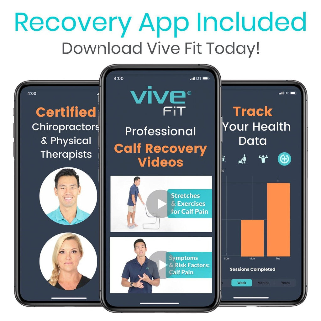 Three smartphone screens displaying features of the Vive Fit app, including certified therapists, recovery videos, and health data tracking.