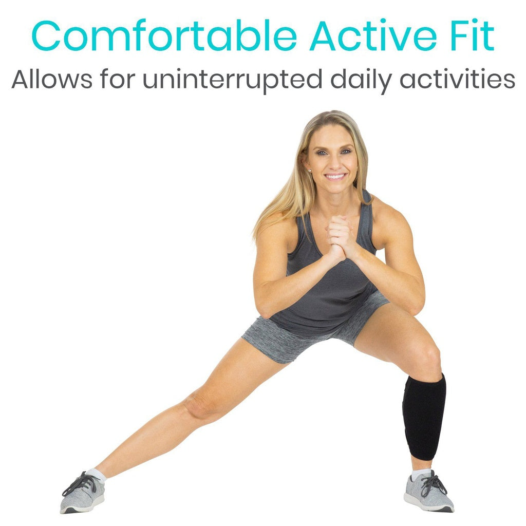 Woman in athletic wear performing a leg stretch with text 'Comfortable Active Fit' above her.