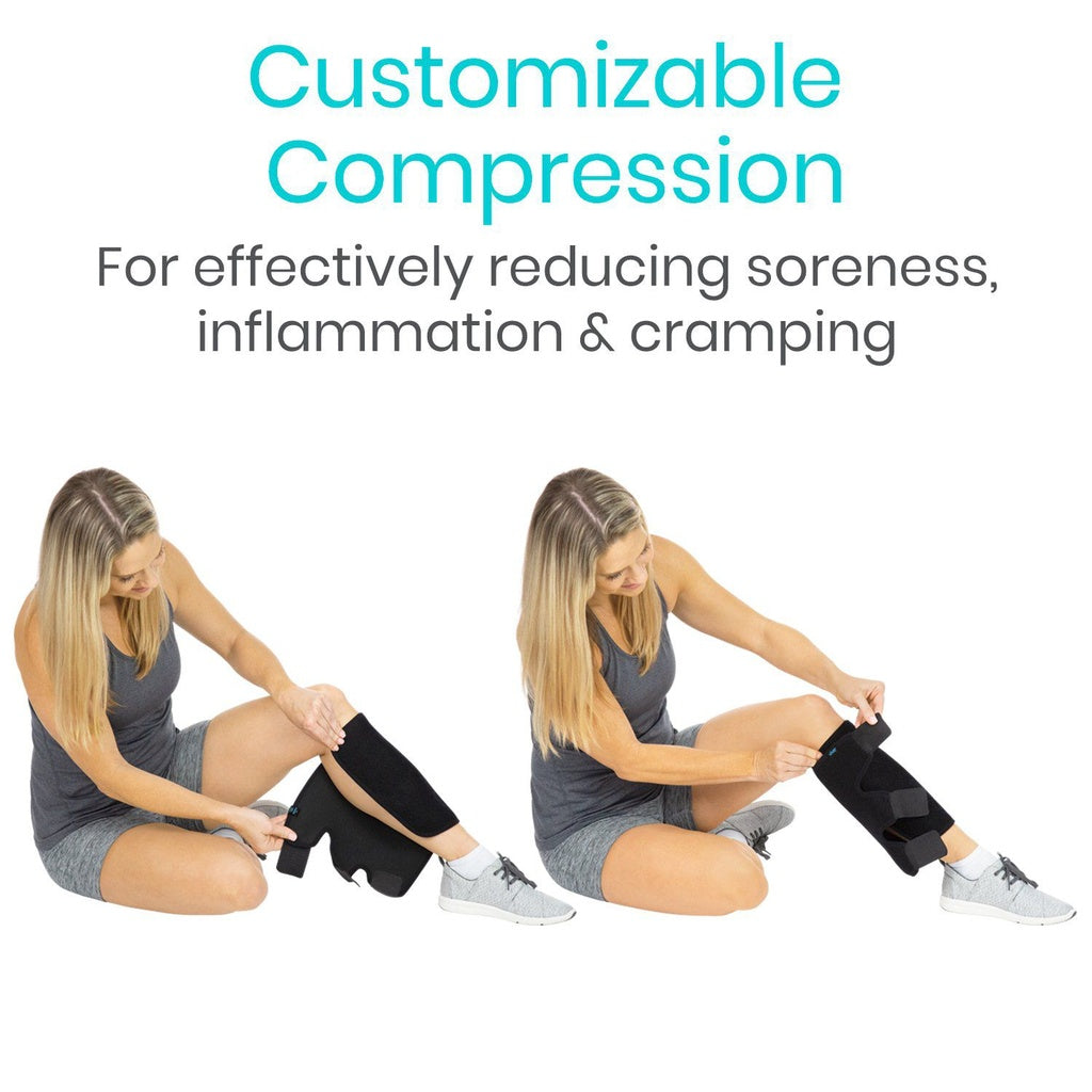 Two women using compression sleeves on their legs with text about customizable compression for soreness, inflammation, and cramping.