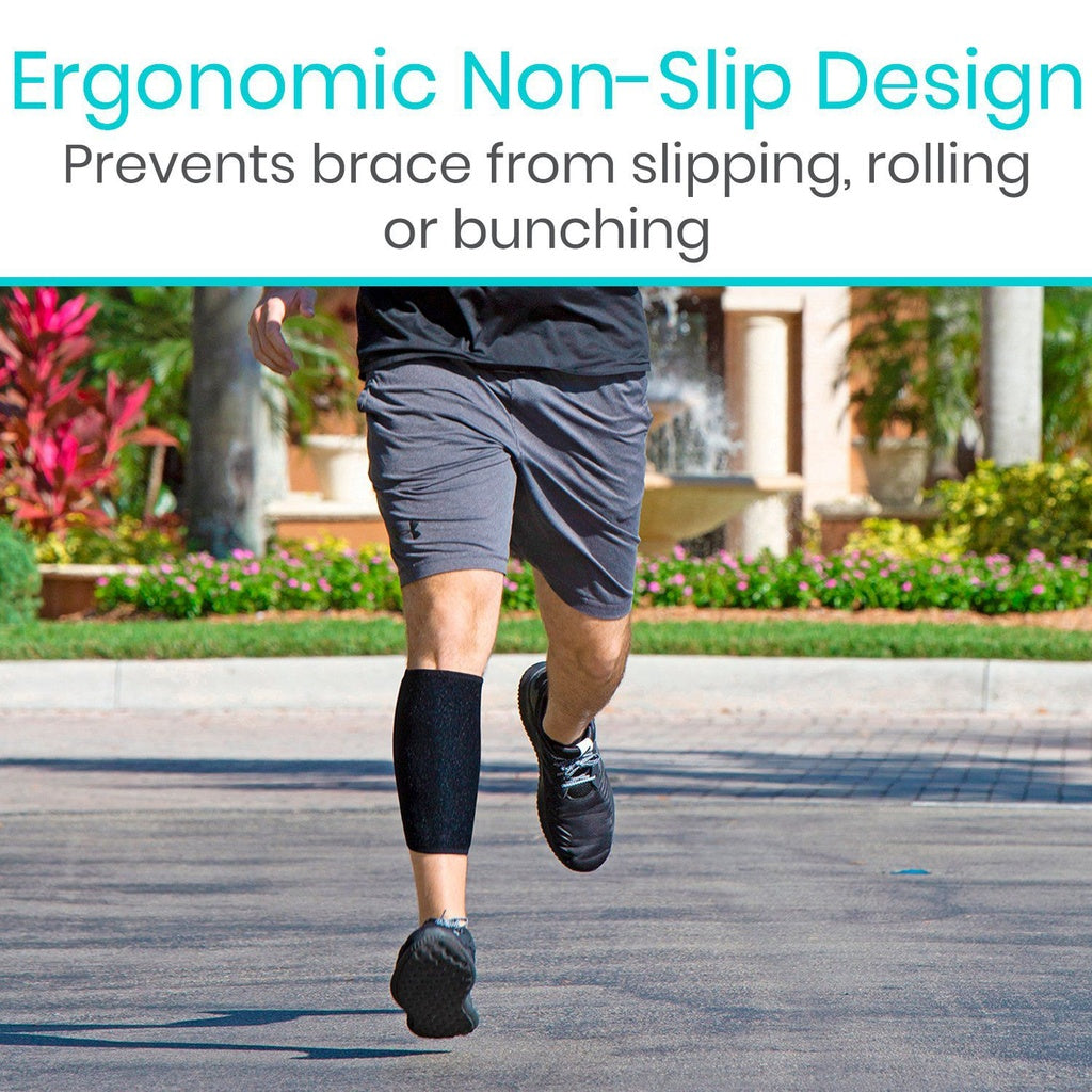 Person running outdoors with a black brace on one leg, promoting ergonomic non-slip design.
