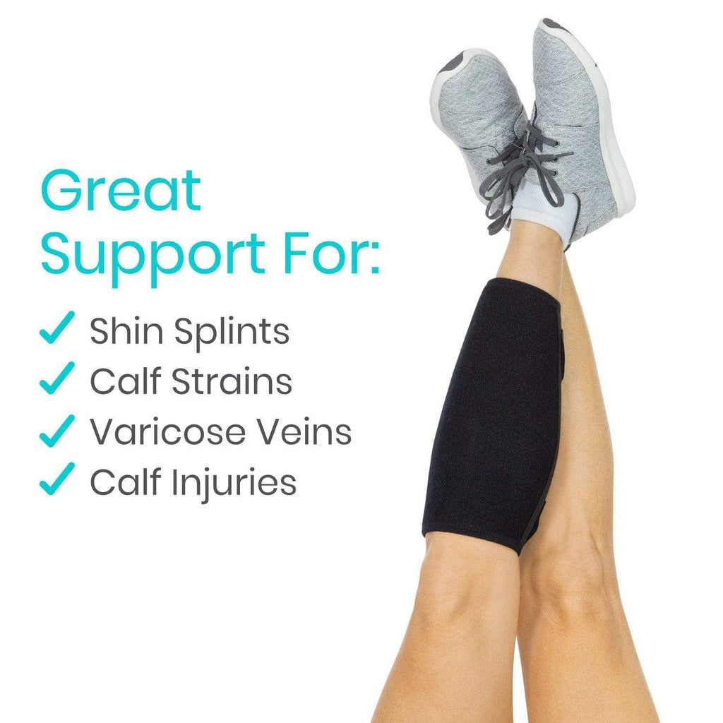 Leg wearing a black compression sleeve with text highlighting support for shin splints, calf strains, varicose veins, and calf injuries.
