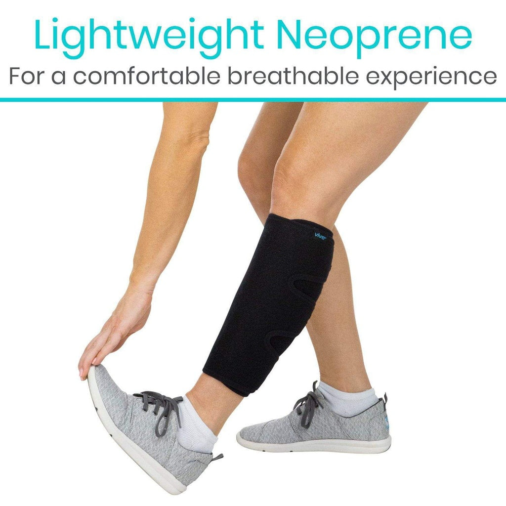 Person wearing a black neoprene leg sleeve with text about lightweight neoprene for comfort.