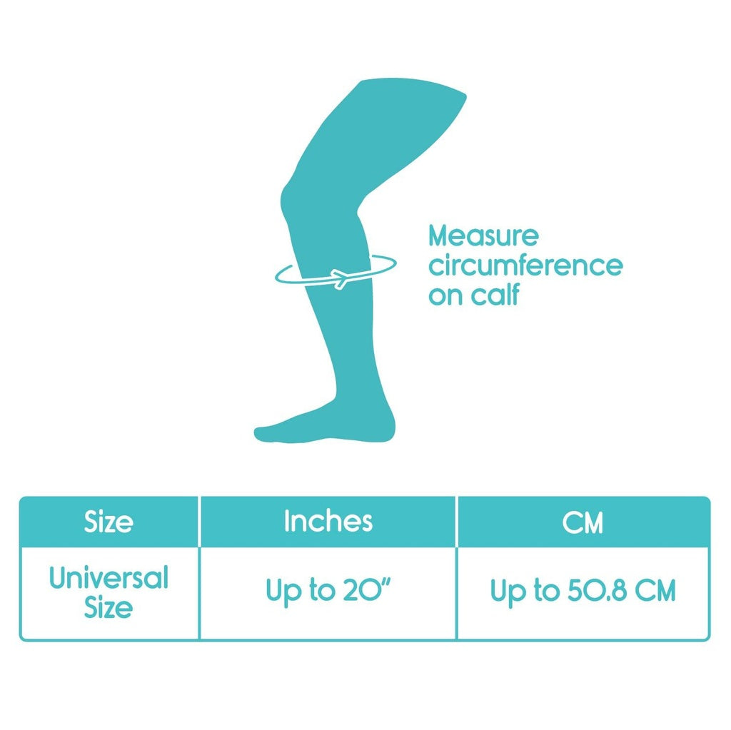 Measurement guide for knee-high socks with a turquoise sock on a white background
