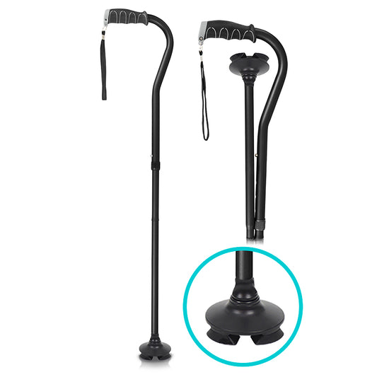Two black walking canes on a white background with a close-up of one cane's base.