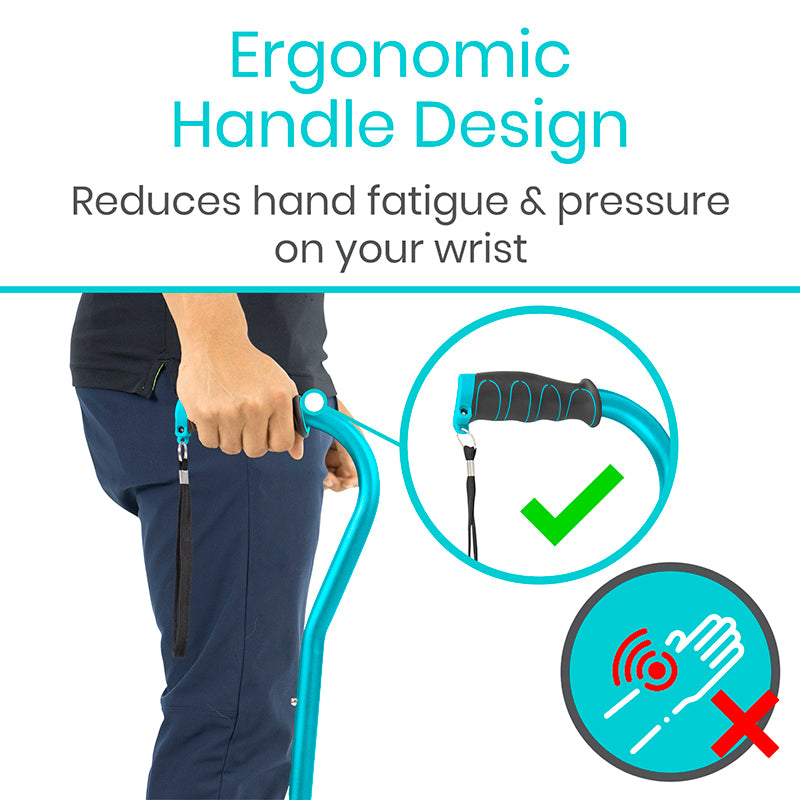 Person holding a blue garden hose with ergonomic handle design, text indicating reduced hand fatigue and pressure on wrist.