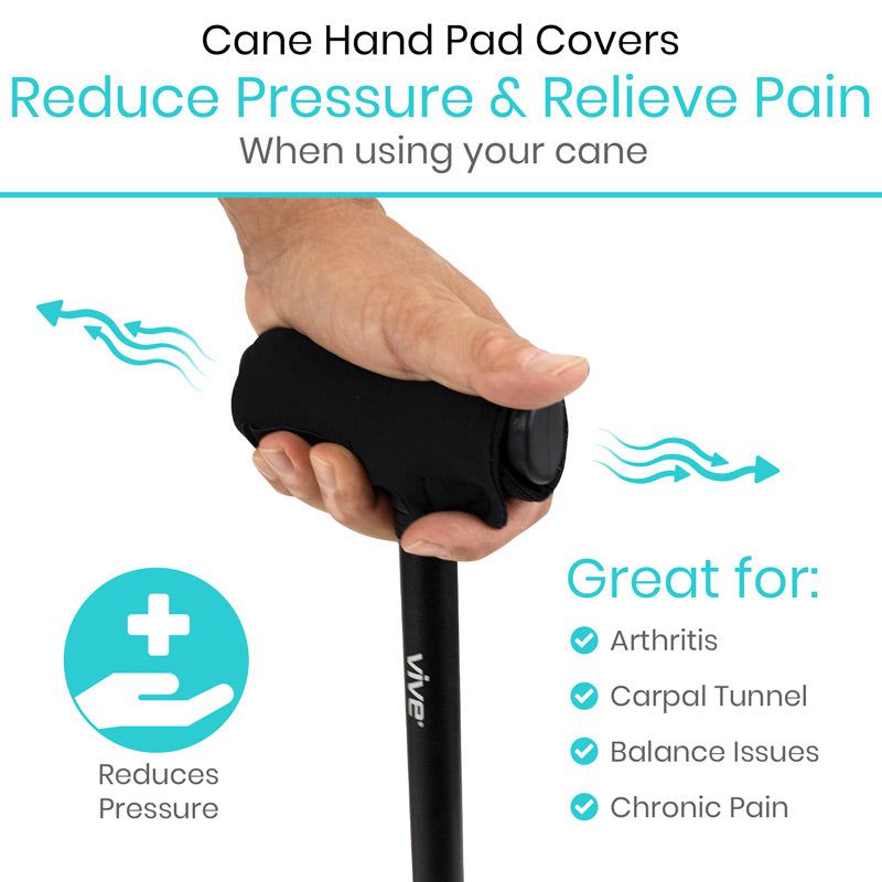 Cane hand pad cover with text on pressure relief and pain reduction, featuring the Vive brand.