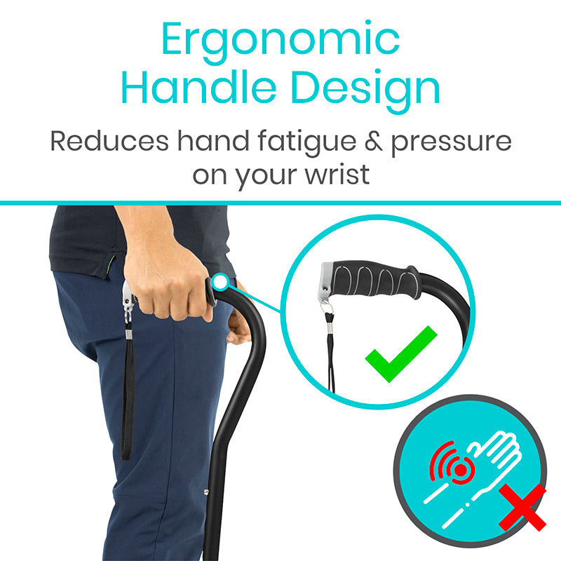 Ergonomic handle design for reducing hand fatigue and pressure on wrist, with a person holding a walking stick.