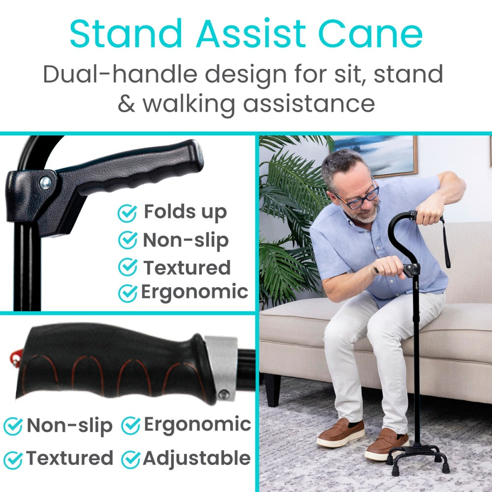 Stand assist cane with dual handle design for sit, stand & walking assistance, featuring text highlighting features.