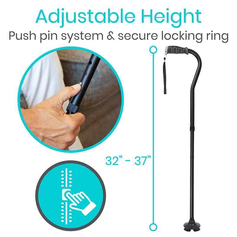 Adjustable height walking cane with push pin system and secure locking ring, shown with a hand holding it.