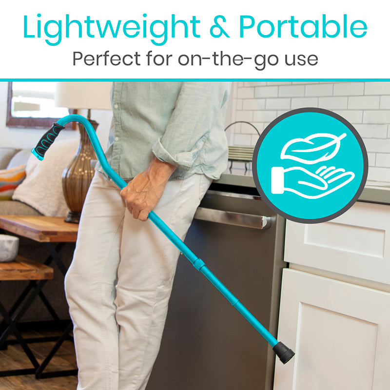 Person holding a blue handheld cleaning tool in a kitchen, with text 'Lightweight & Portable' and icon of hands cleaning.