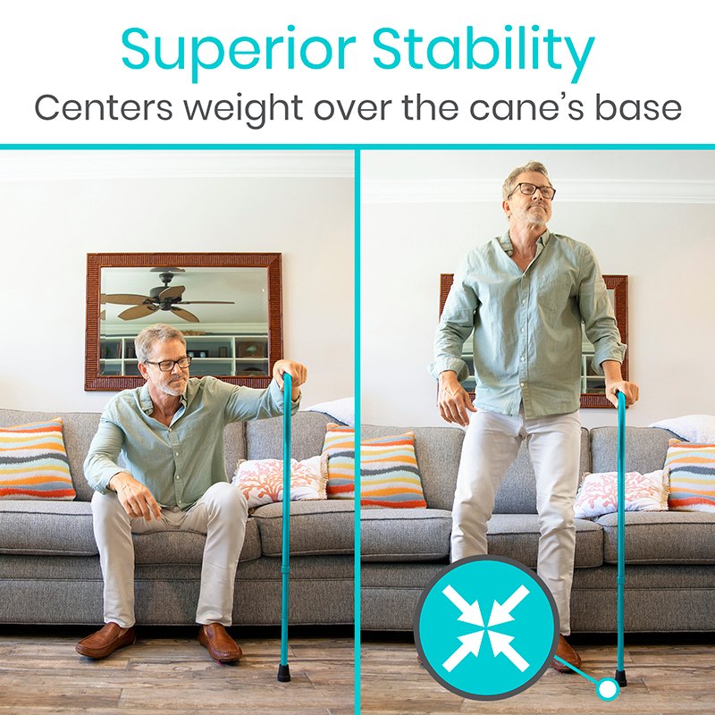 Man using a cane with text 'Superior Stability Centers weight over the cane's base' in a living room setting.