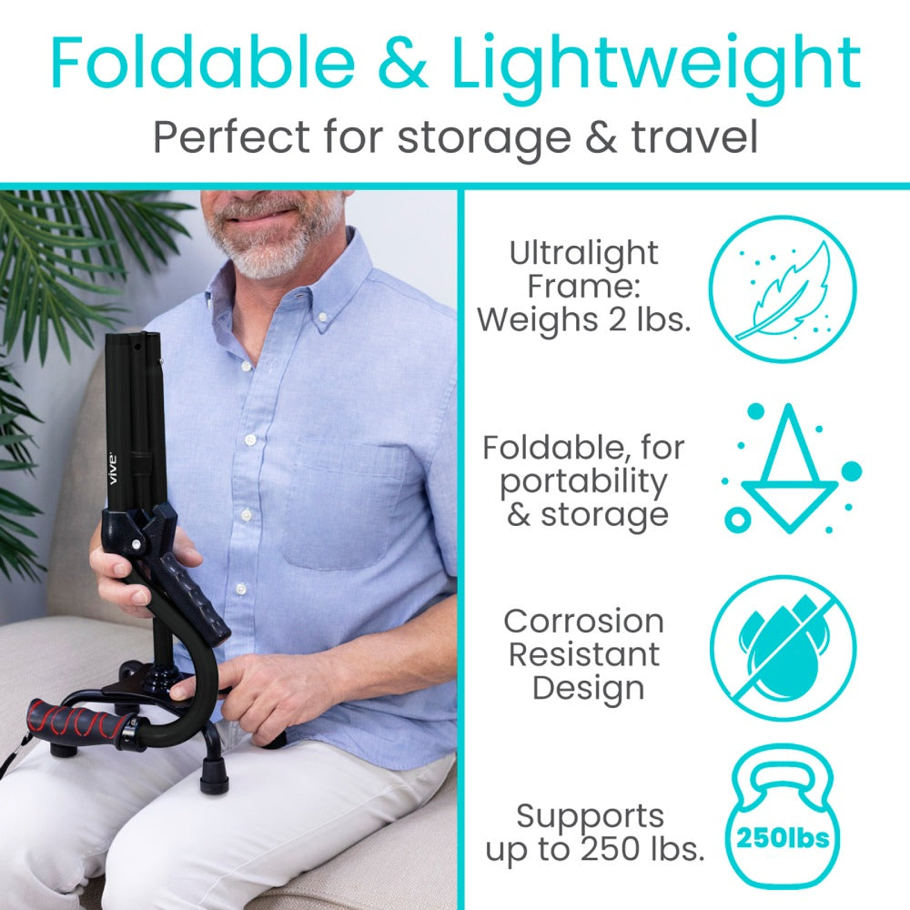 Man holding a foldable and lightweight device with product features listed on the right.