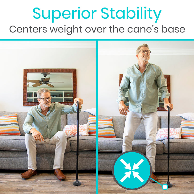 Man using a cane with text 'Superior Stability Centers weight over the cane's base' in a living room setting.