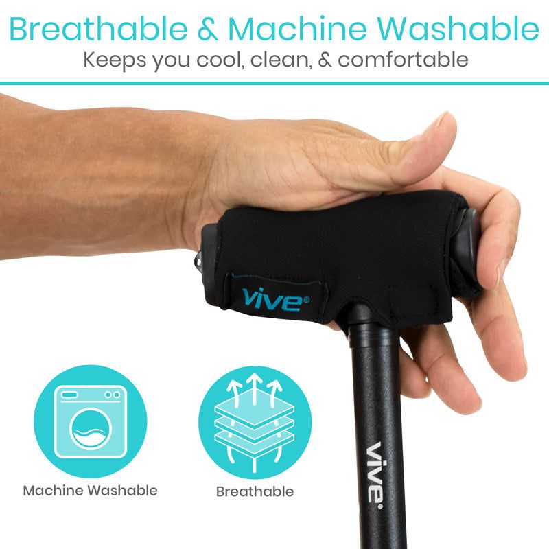 Hand holding a black Vive product with text about breathability and machine washability on a white background.