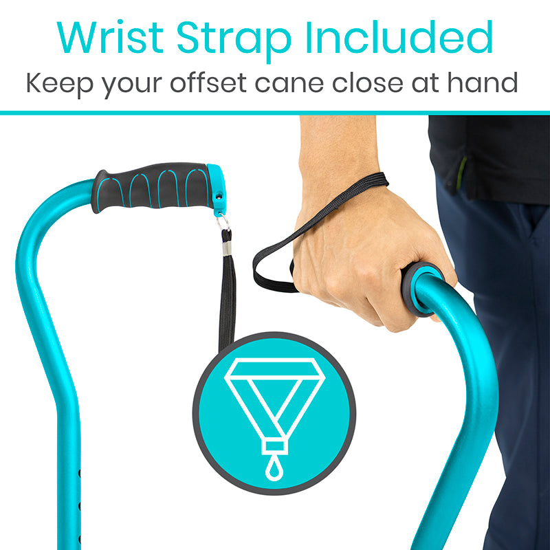 Blue offset cane with wrist strap feature and text indicating wrist strap included.
