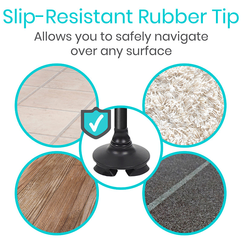 Slip-resistant rubber tip with images of different surfaces and text on a white background