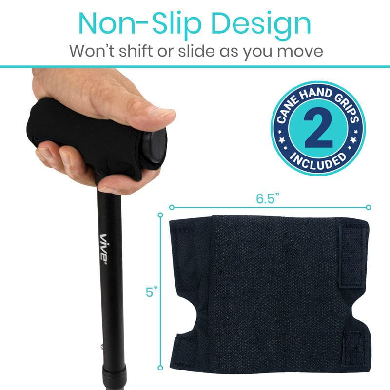 Black cane with hand grips and measurements on a white background