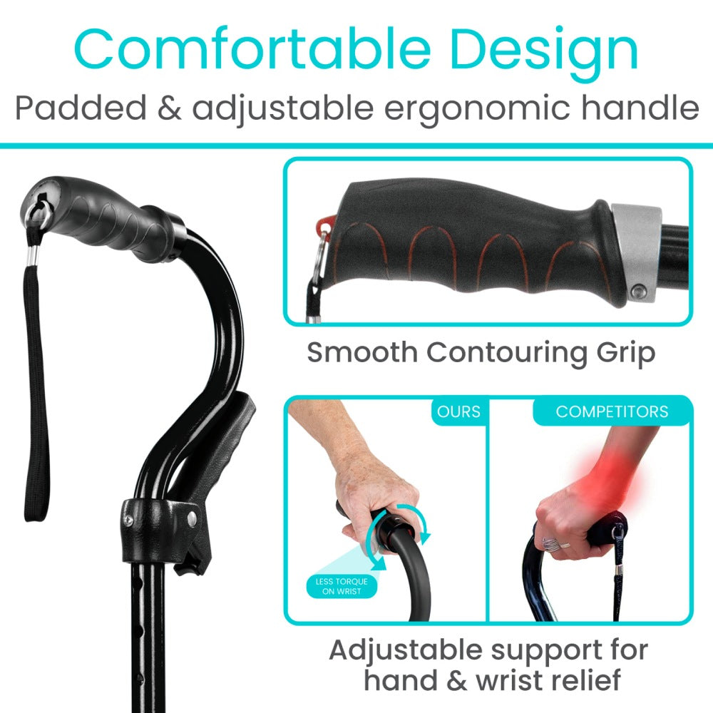 Padded and adjustable ergonomic handle with smooth contour grip on a white background