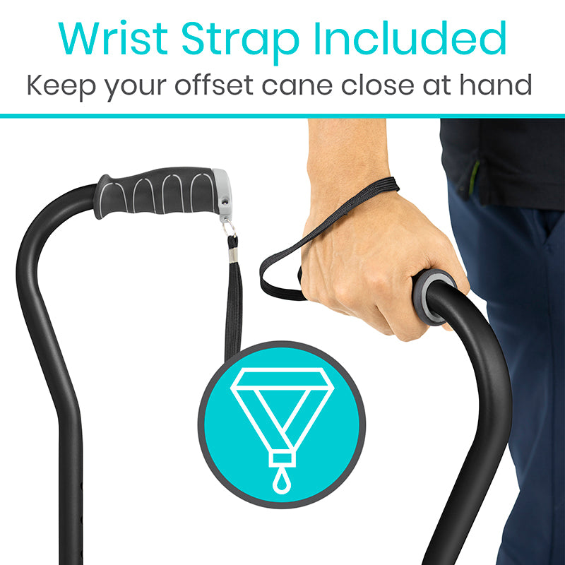 Offset cane with wrist strap feature and hand holding it, on a white background.