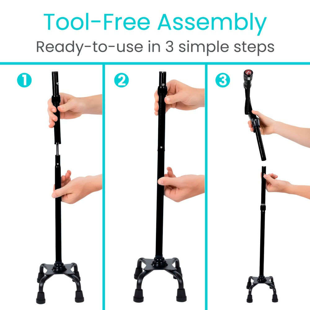 Step-by-step assembly of a black adjustable stand with text indicating tool-free assembly.