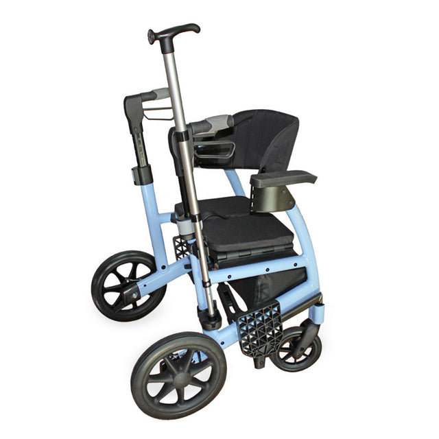 Blue mobility scooter with a seat and handlebar on a white background