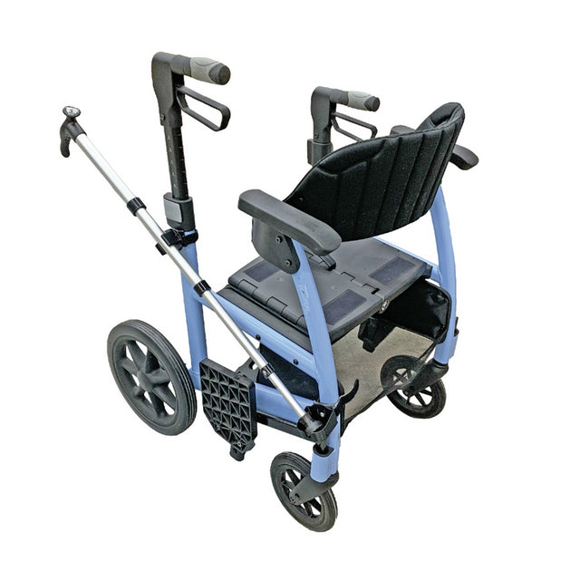 Blue wheelchair with attached walker on a white background
