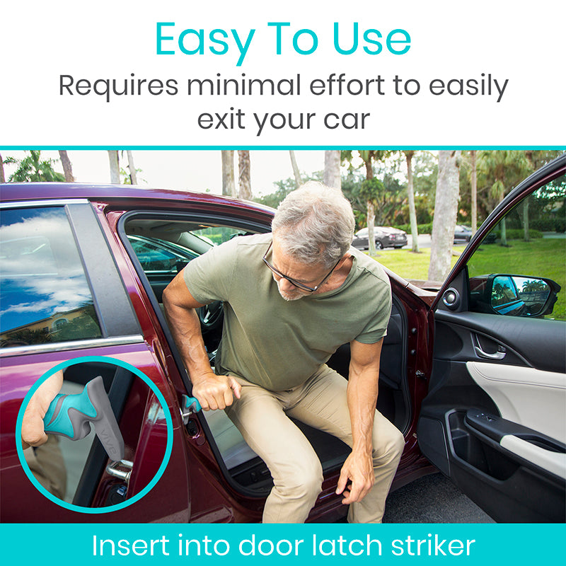 Man using a car exit aid device to easily open a car door.