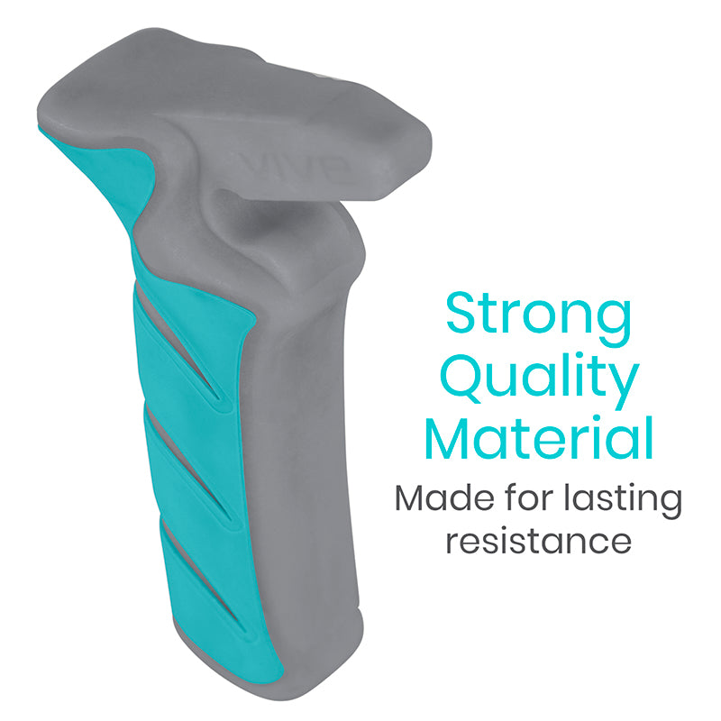 Gray and teal grip with text 'Strong Quality Material Made for lasting resistance' on a white background