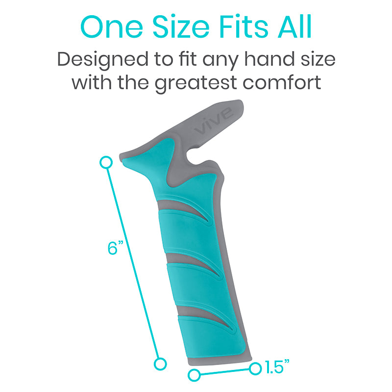 Blue and gray Vive grip with text 'One Size Fits All' and measurements on a white background