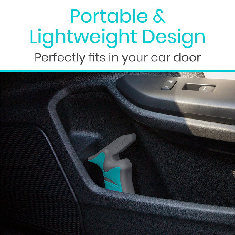 Car door handle with a portable device inside, text 'Portable & Lightweight Design' and 'Perfectly fits in your car door'.