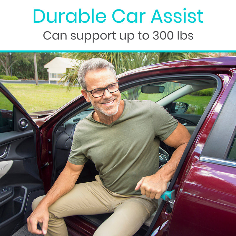 Man using a durable car assist device to get into a car, with text indicating support capacity.