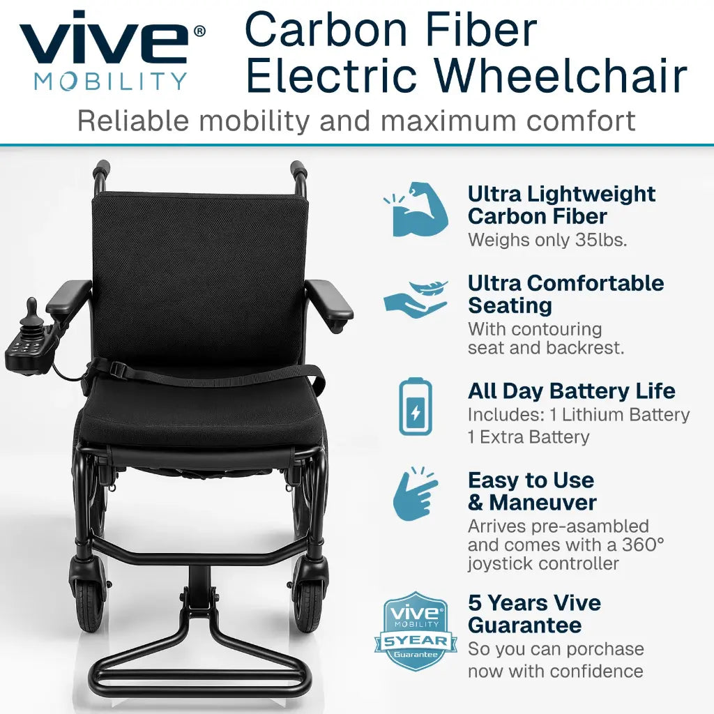 Vive Mobility carbon fiber electric wheelchair with features listed on a white background