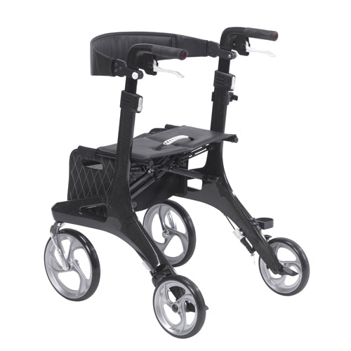 Black rollator with four wheels on a white background
