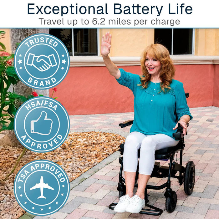 Woman using a mobility scooter with text about battery life and approval logos.