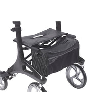 Black rollator with storage bag on a white background