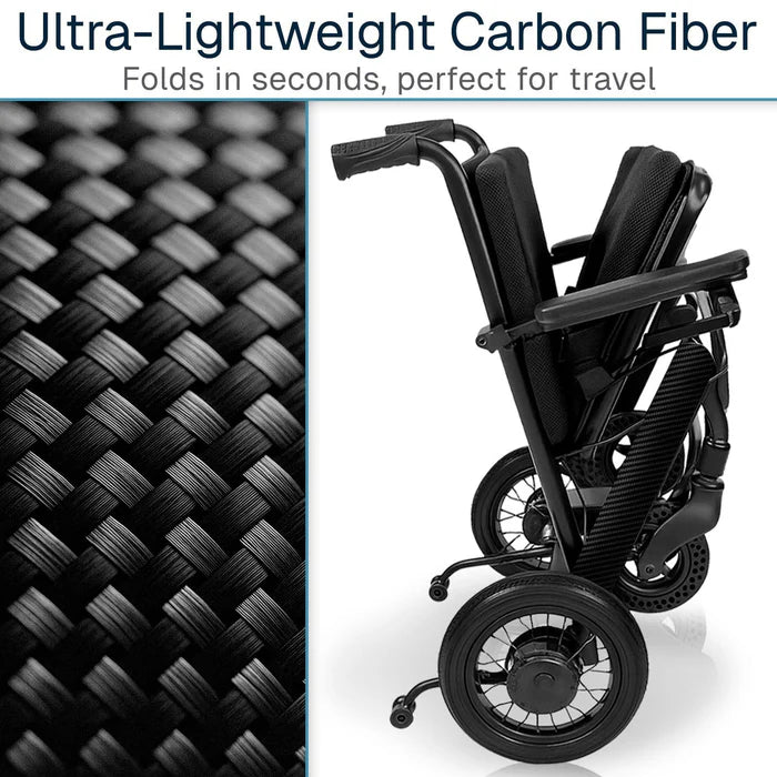 Ultra-lightweight carbon fiber wheelchair with text highlighting its features.